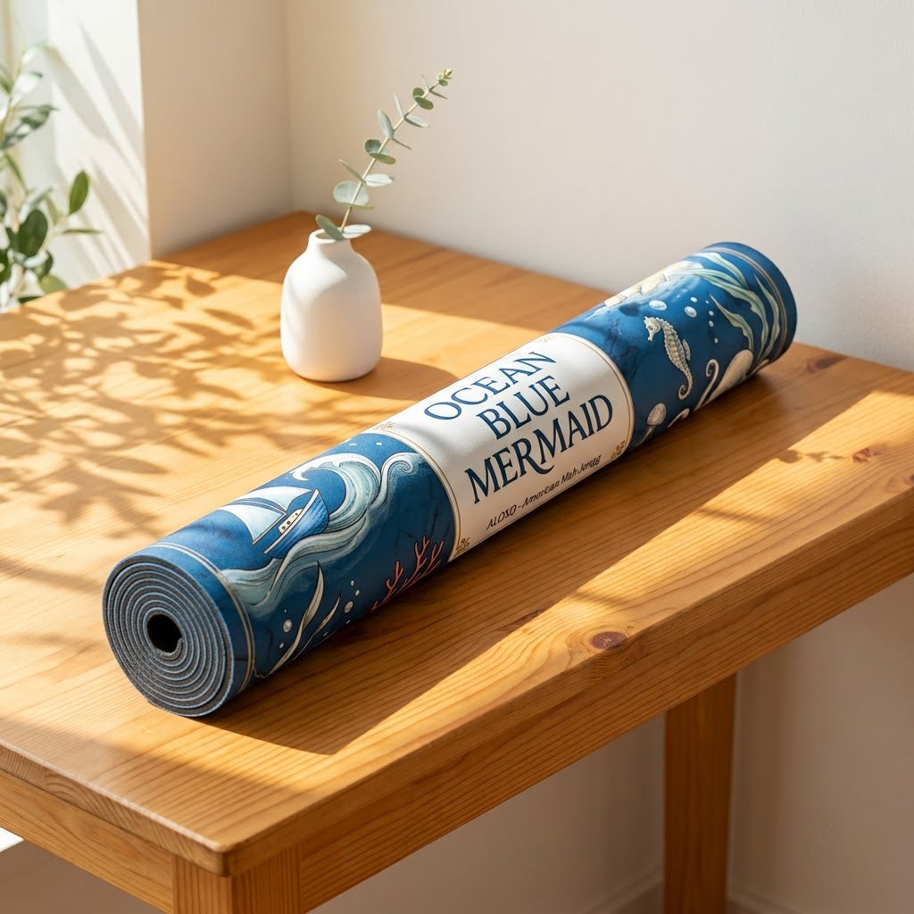 Ocean Blue Reef mahjong mat rolled up on a console table