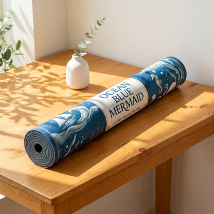 Ocean Blue Reef mahjong mat rolled up on a console table
