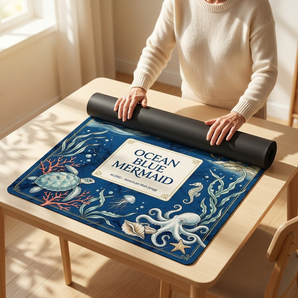 Woman unrolling the Ocean Blue Reef mahjong mat across a card table