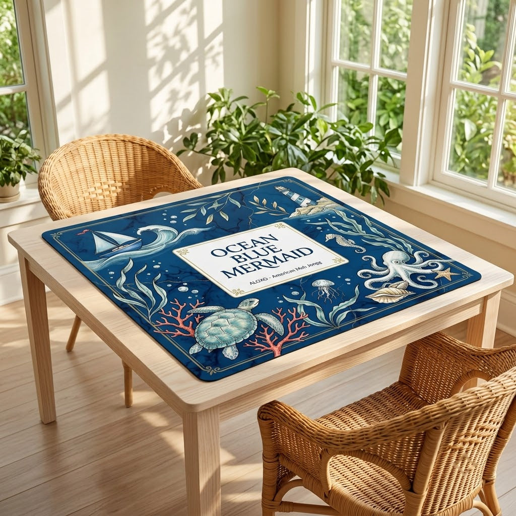 Ocean Blue Reef mahjong mat on a card table in a sunroom with wicker chairs
