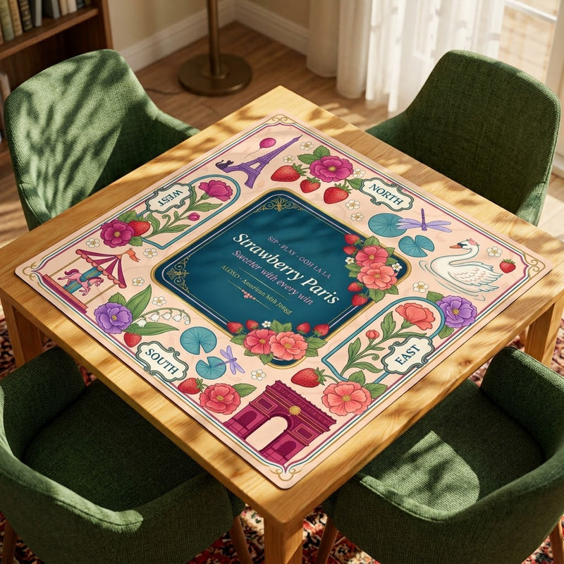 Ooh La La Strawberry mahjong mat on a square table with four chairs