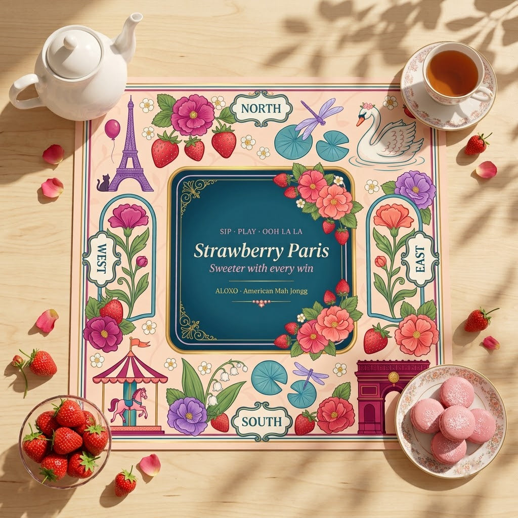 Ooh La La Strawberry mahjong mat with tea, strawberries and macarons