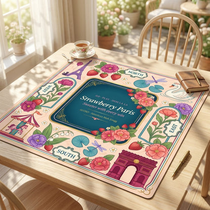 Ooh La La Strawberry mahjong mat laid out on a wooden table