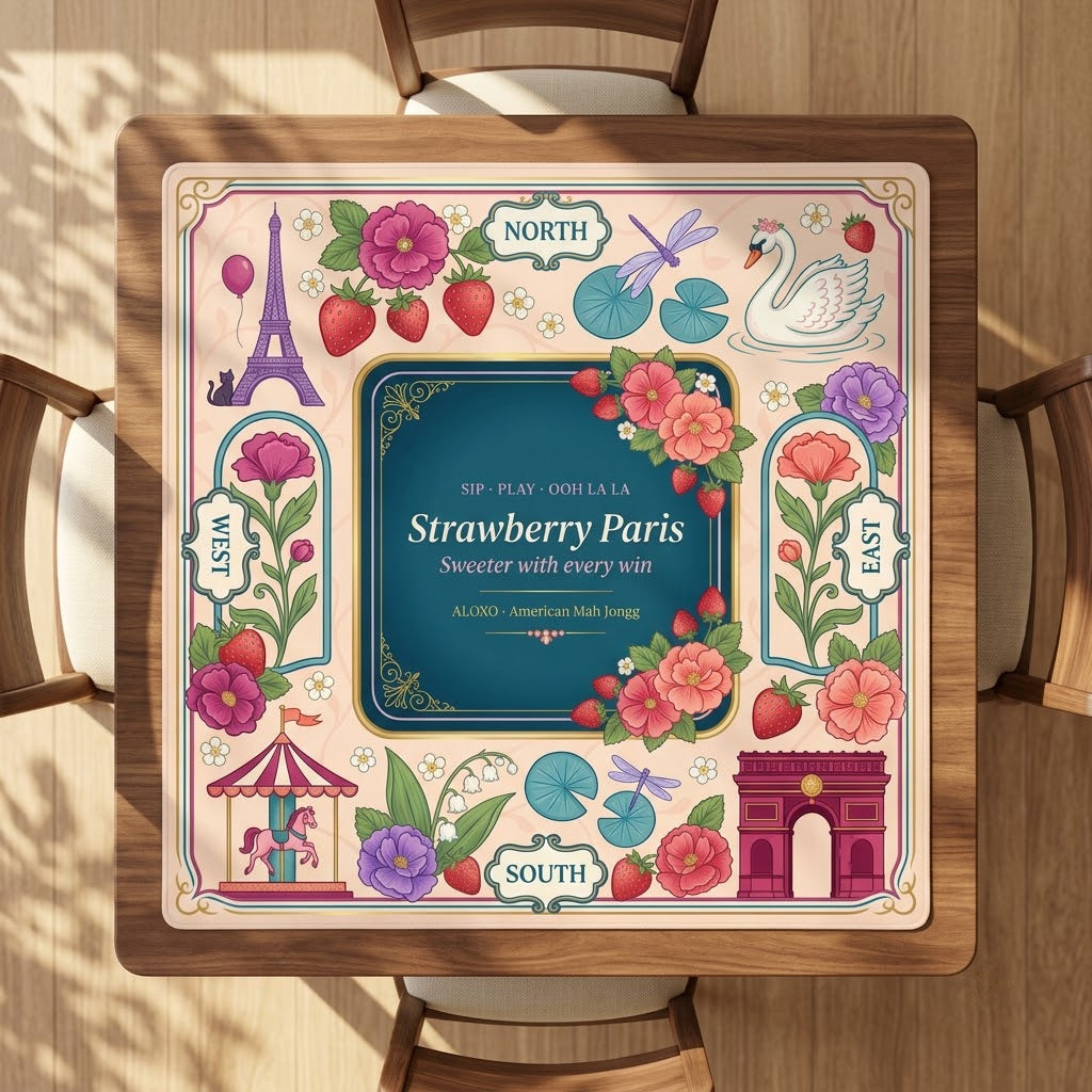 Ooh La La Strawberry mahjong mat covering a square card table, seen from above