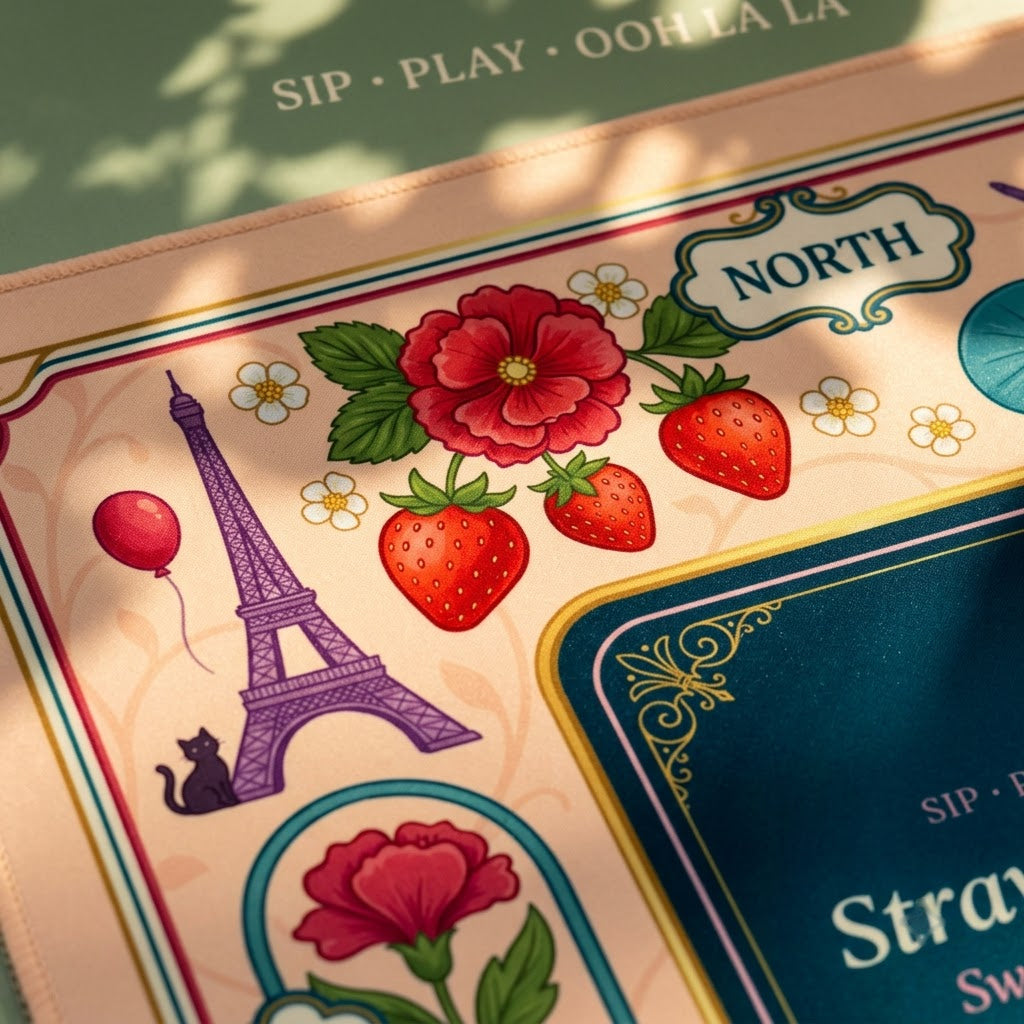 Close-up of the printed artwork on the Ooh La La Strawberry mahjong mat