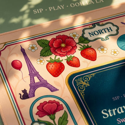 Close-up of the printed artwork on the Ooh La La Strawberry mahjong mat