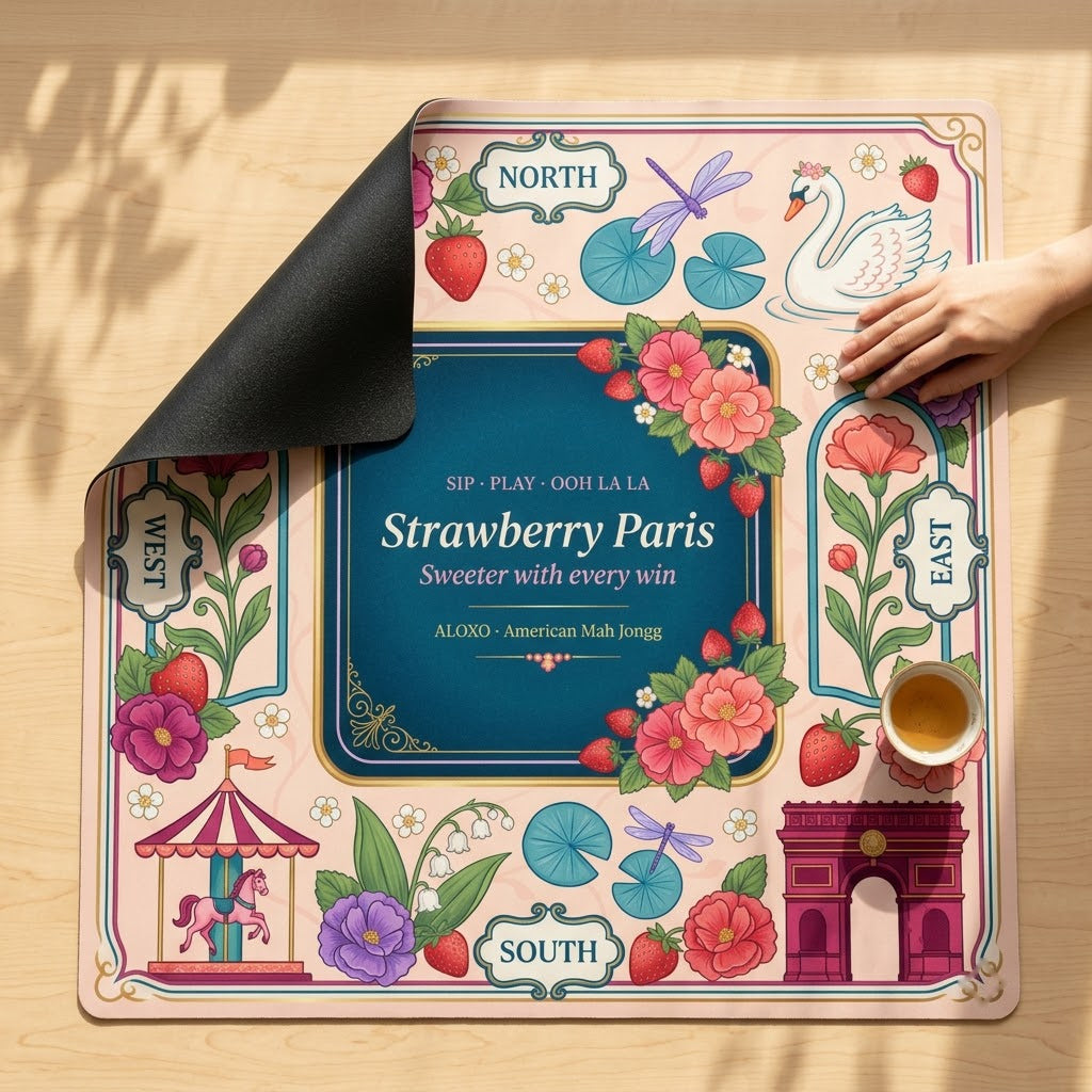 Ooh La La Strawberry mahjong mat with one corner folded back to show the black rubber underside
