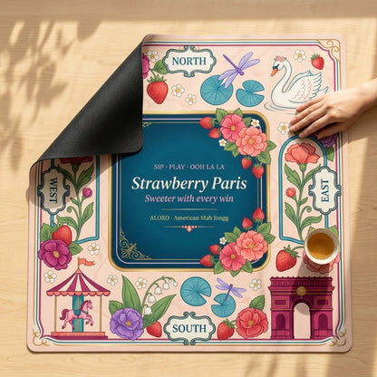 Ooh La La Strawberry mahjong mat with one corner folded back to show the black rubber underside