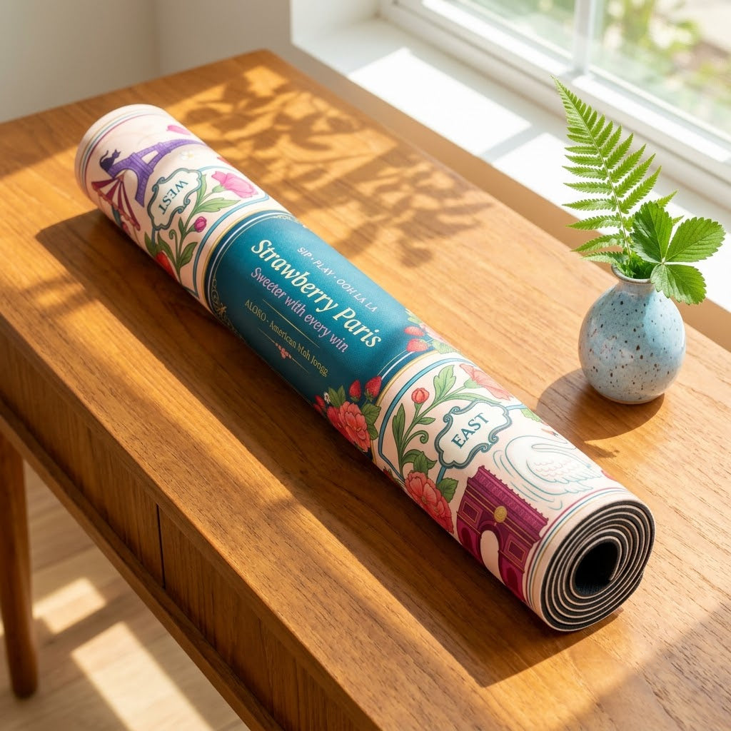 Ooh La La Strawberry mahjong mat rolled up for storage