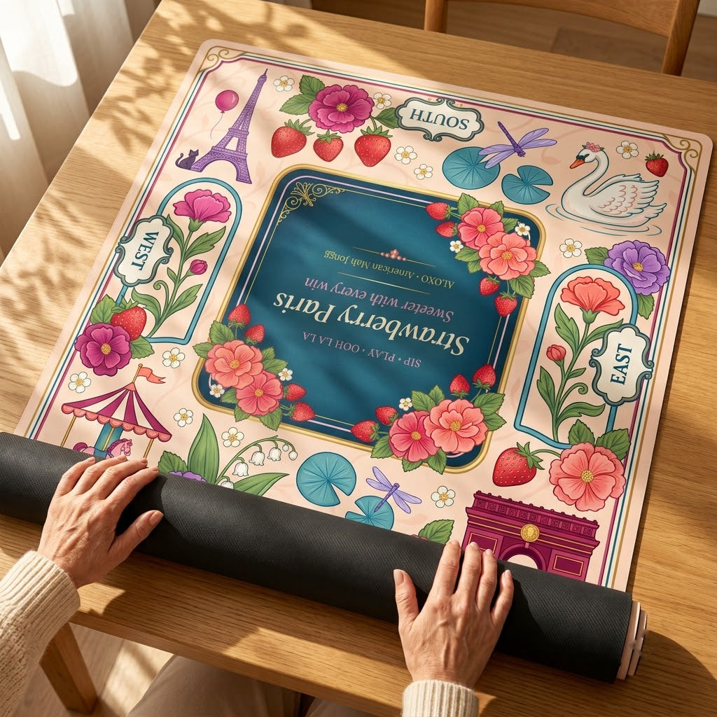 Hands unrolling the Ooh La La Strawberry mahjong mat across a table