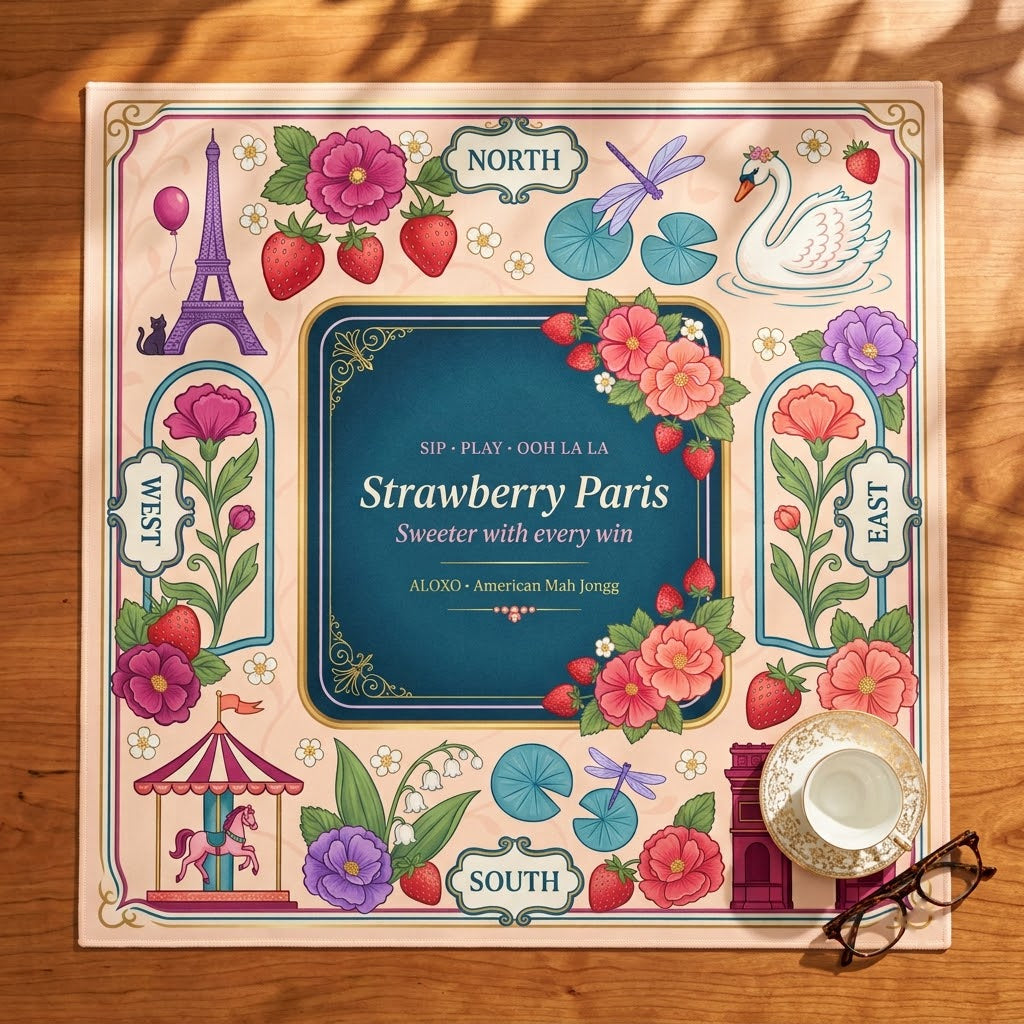 Ooh La La Strawberry mahjong mat on a table with a teacup beside it for scale