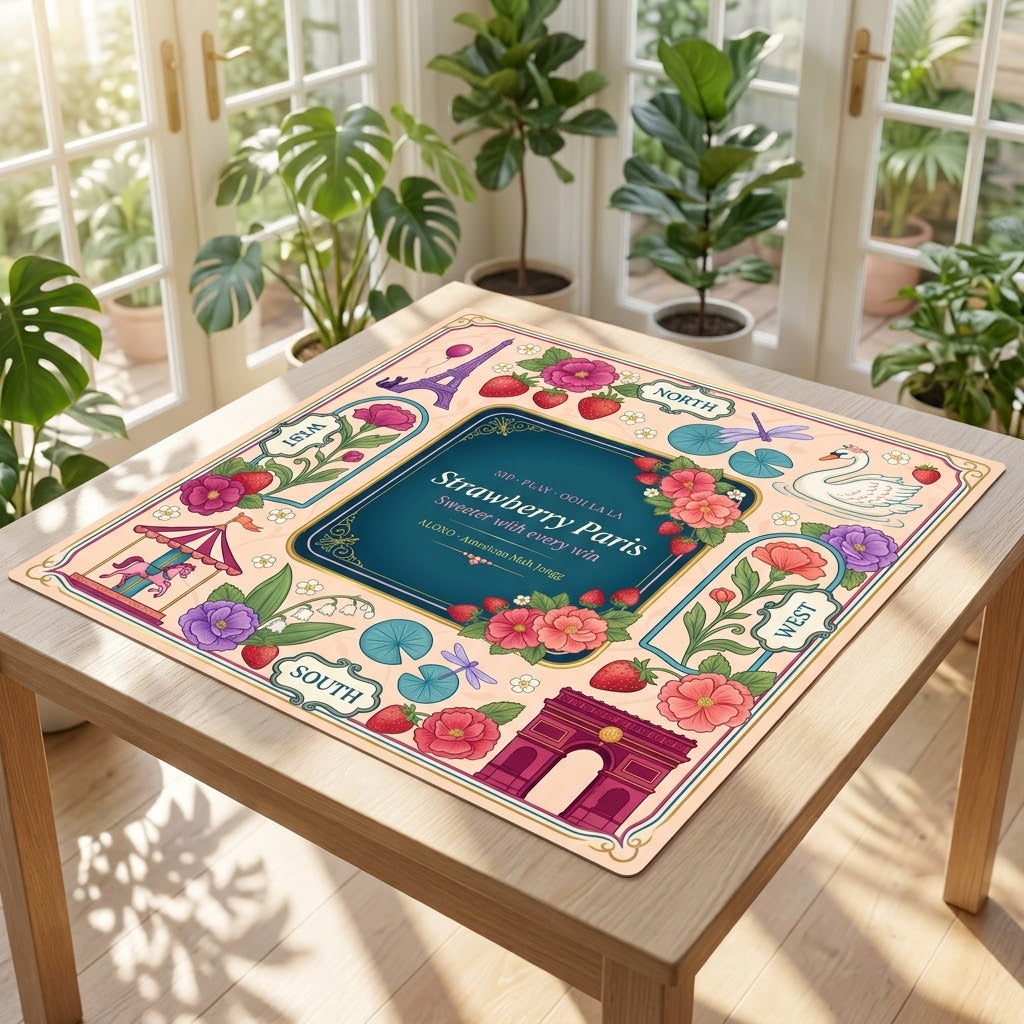 Ooh La La Strawberry mahjong mat on a table in a bright sunroom