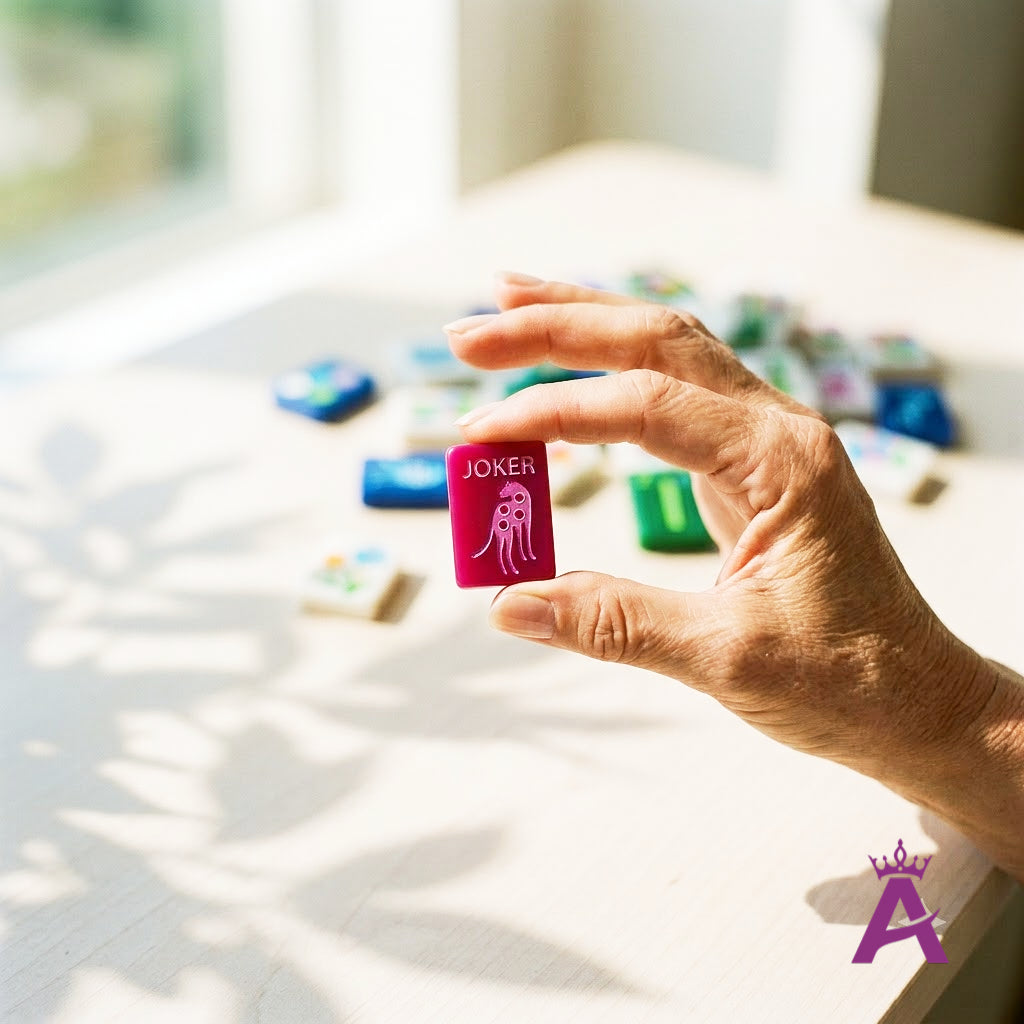 Woman's hand holding a single magenta crystal mahjong tile