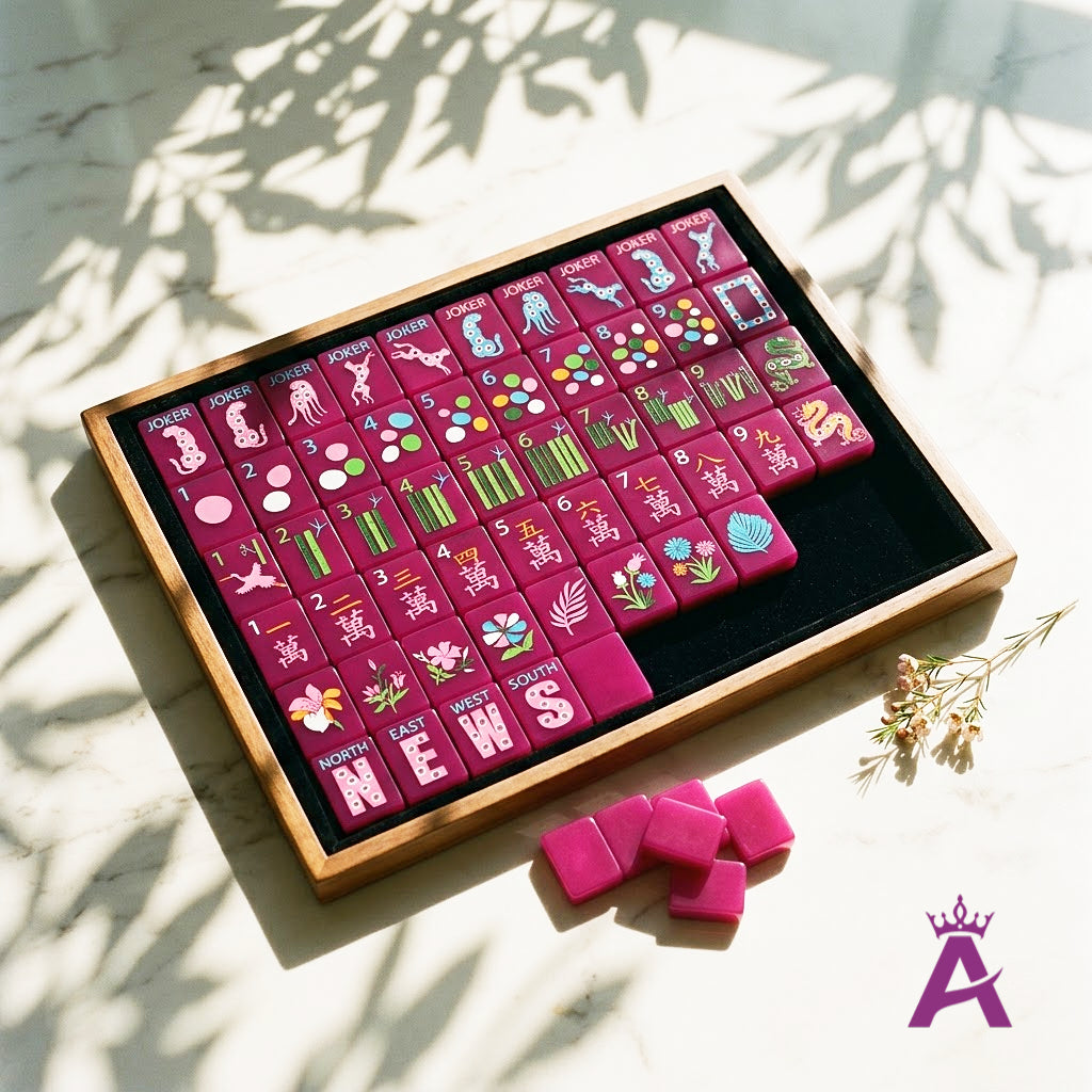 Complete magenta mahjong set in its open case with spare tiles