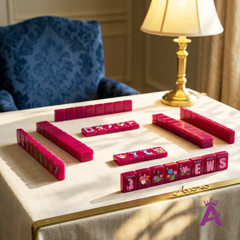 Magenta mahjong set on a linen table in an elegant card room
