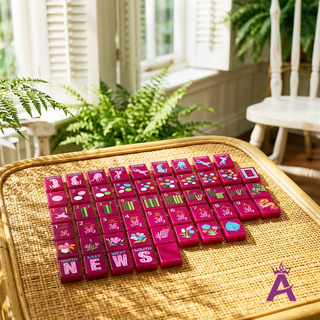 Magenta mahjong tiles laid out in a sunlit sunroom