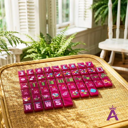 Magenta mahjong tiles laid out in a sunlit sunroom