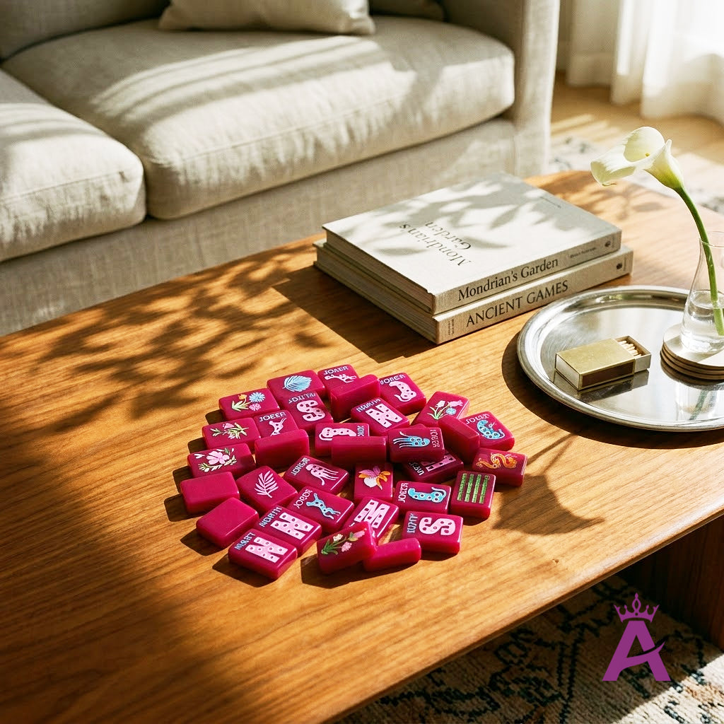 Magenta mahjong tiles on a living room coffee table