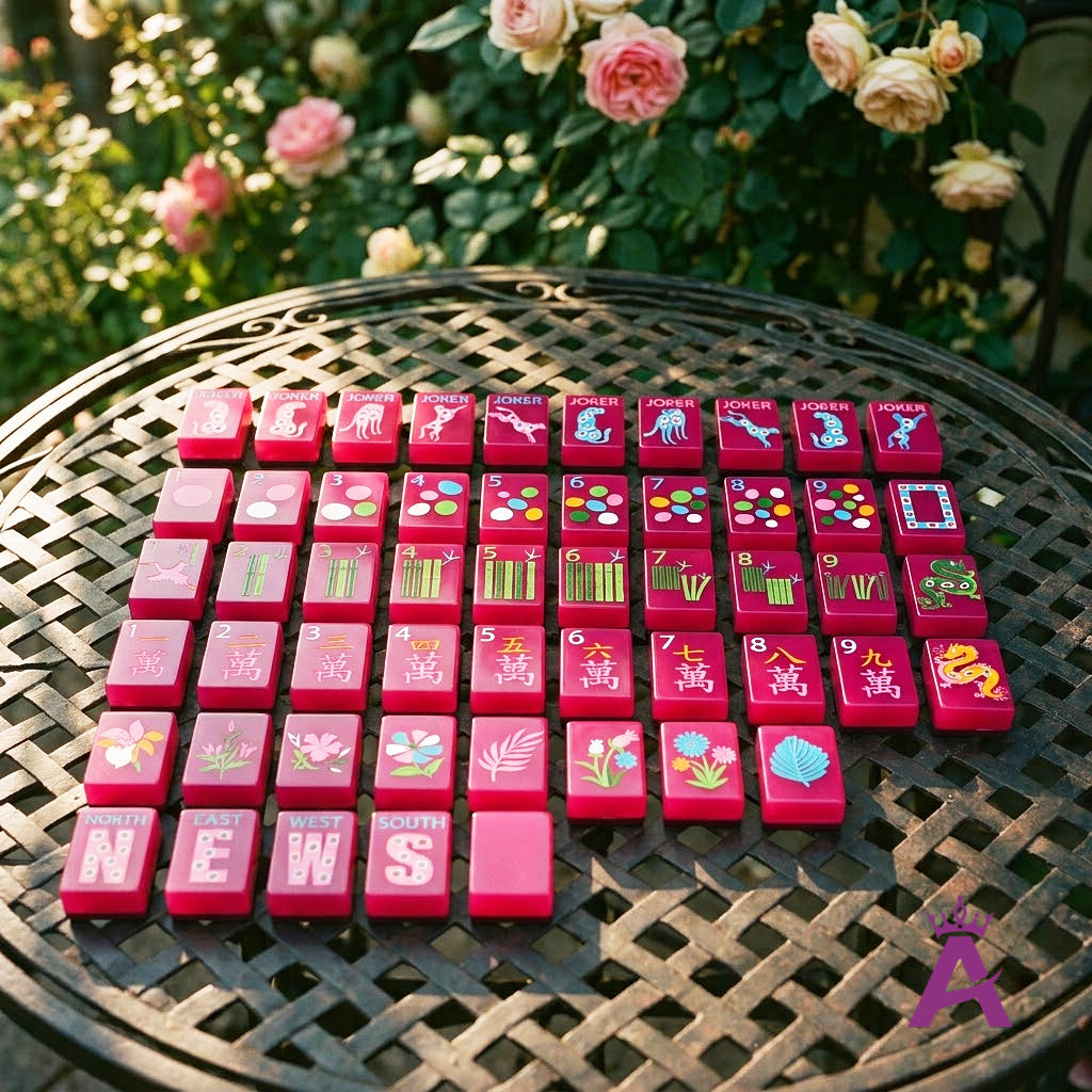 Magenta mahjong tiles on a garden terrace table with roses