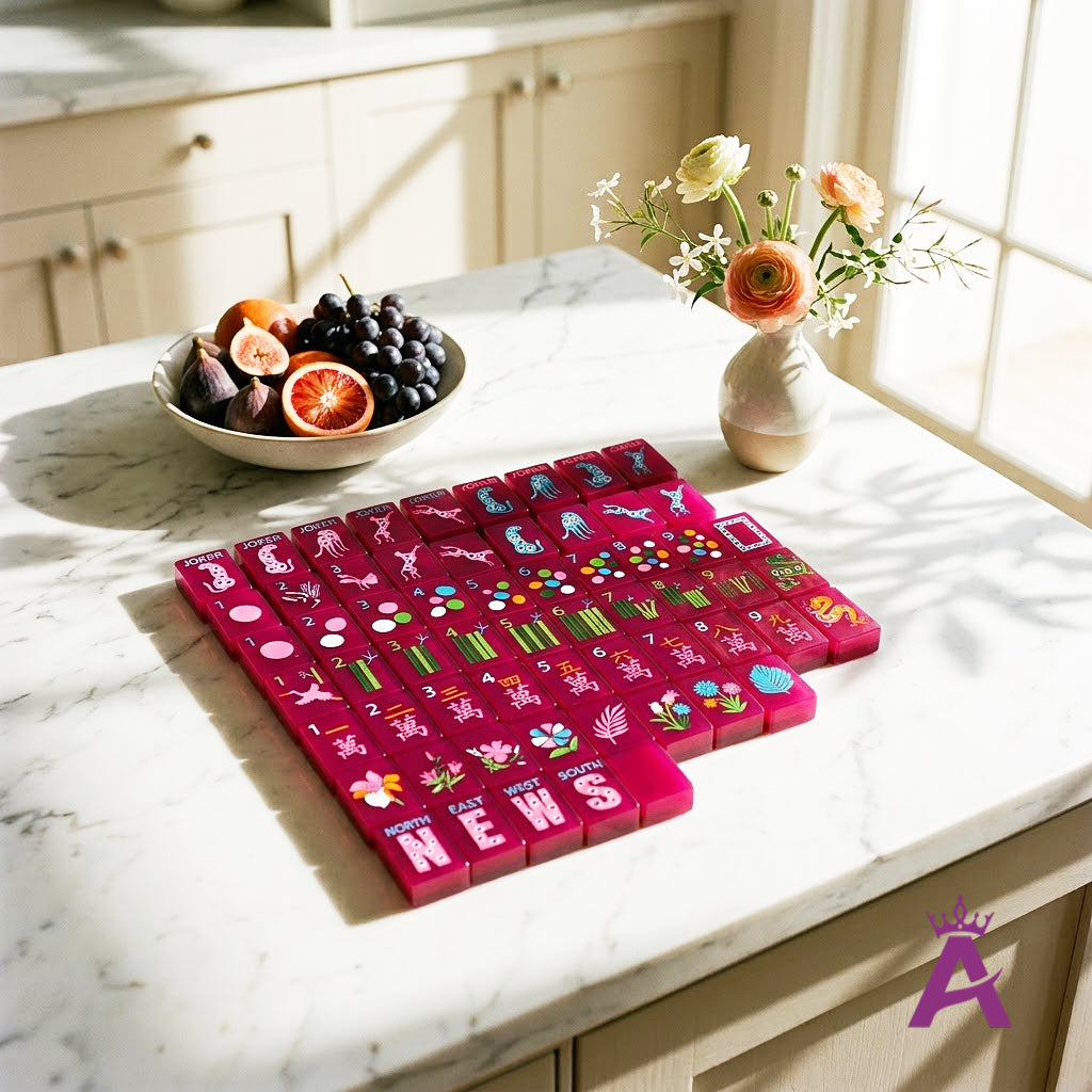 Magenta mahjong tiles on a bright kitchen marble island
