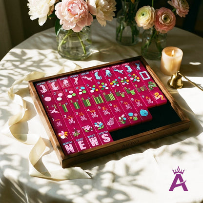 Magenta mahjong set in a gift case with ribbon and flowers