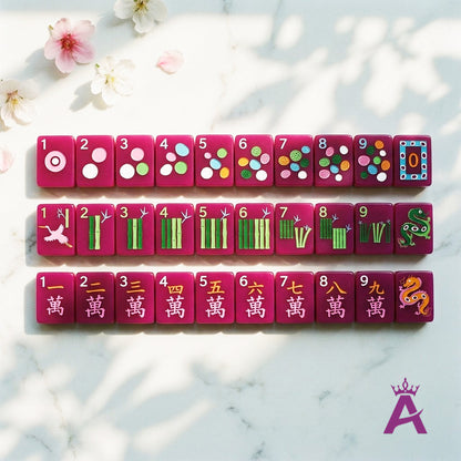Magenta mahjong dot, bamboo and character suits in numbered rows