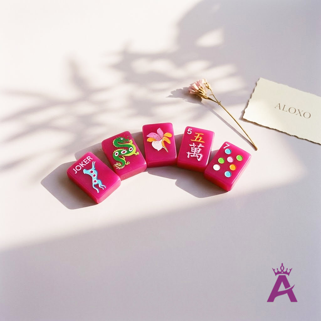 Small fan of magenta mahjong tiles with ALOXO card
