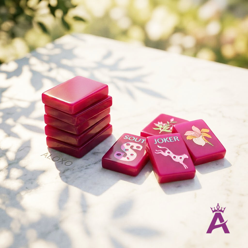 Stack of magenta mahjong tiles showing tile thickness