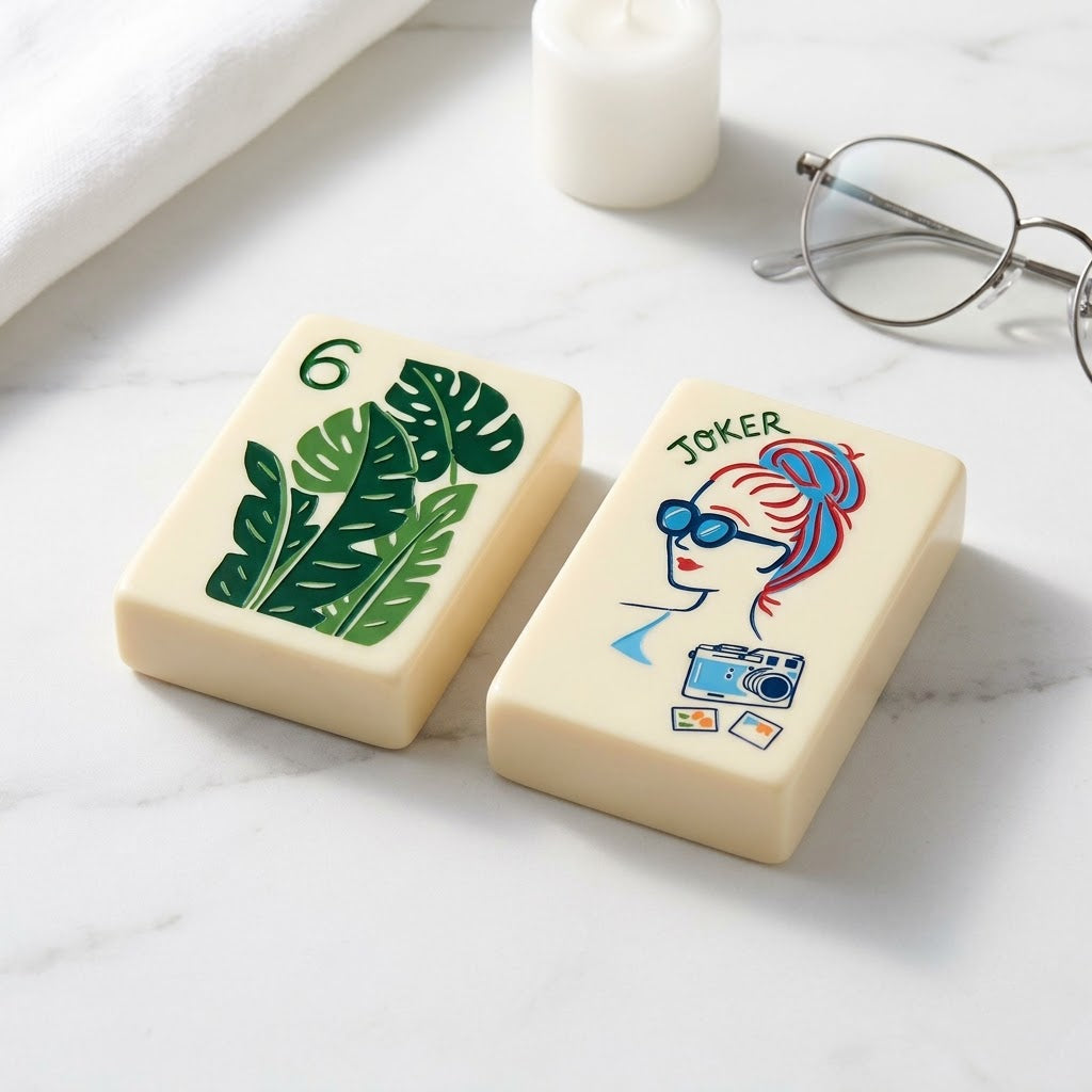 Close-up of the hand lettering on two tiles