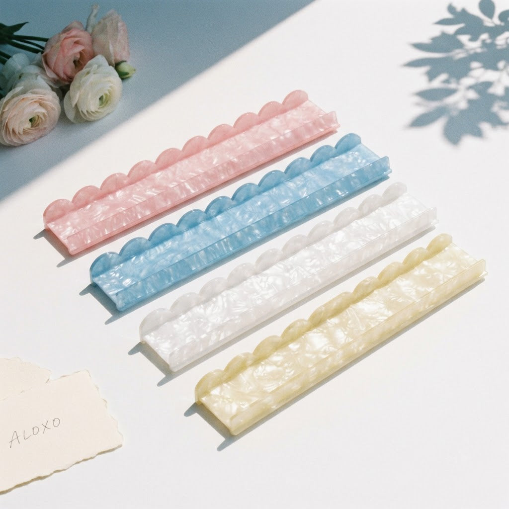 Pearl Shell mahjong racks, set of four in pink, blue, white and yellow pearlescent acrylic with scalloped edges