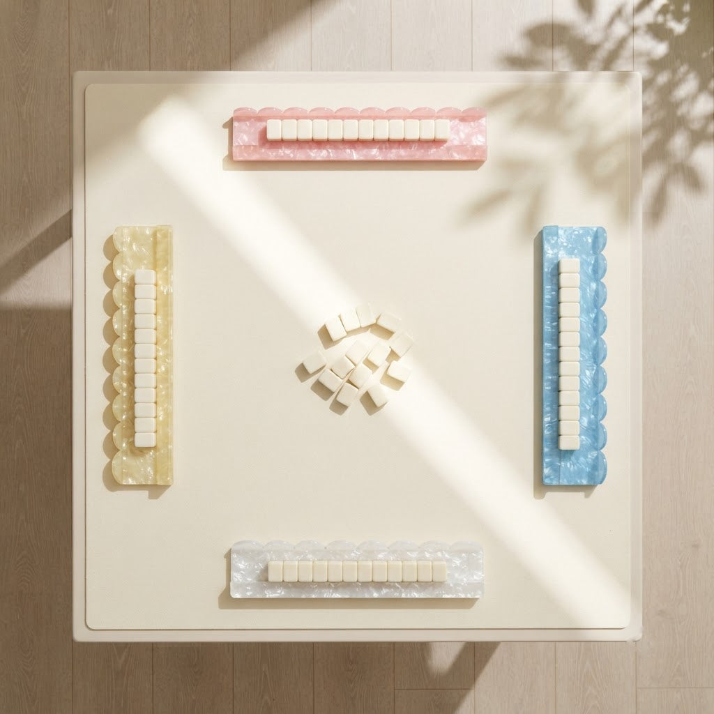 A mahjong table for four from above with a Pearl Shell rack at each seat and tiles resting on every rack