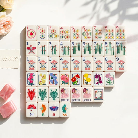 Complete Pink Floral American Mahjong set laid out flat, 160 glossy tiles