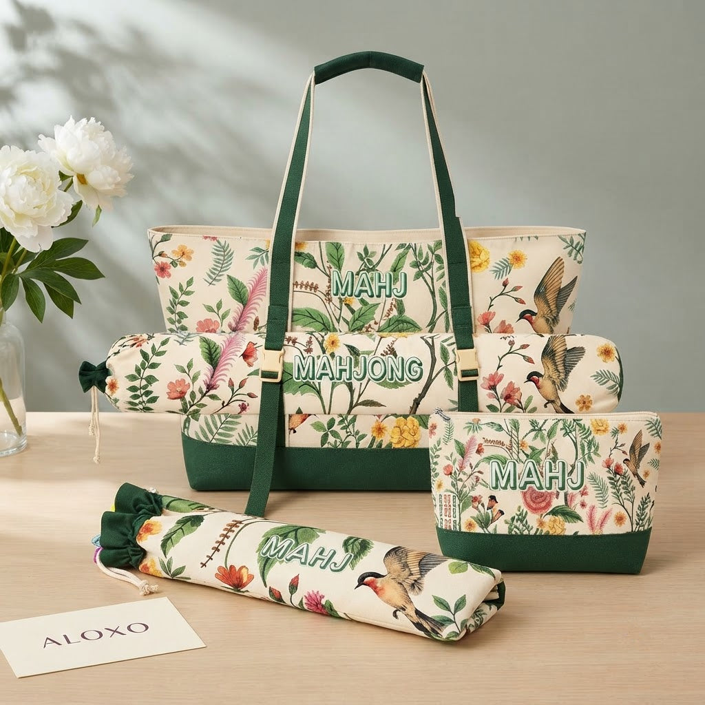 Printed mahjong tote set in Green Garden: tote with buckled mat bag, tile pouch and rack bag
