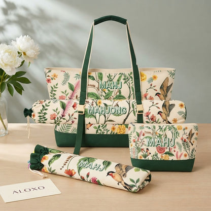 Printed mahjong tote set in Green Garden: tote with buckled mat bag, tile pouch and rack bag