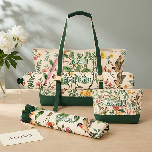 Printed mahjong tote set in Green Garden: tote with buckled mat bag, tile pouch and rack bag