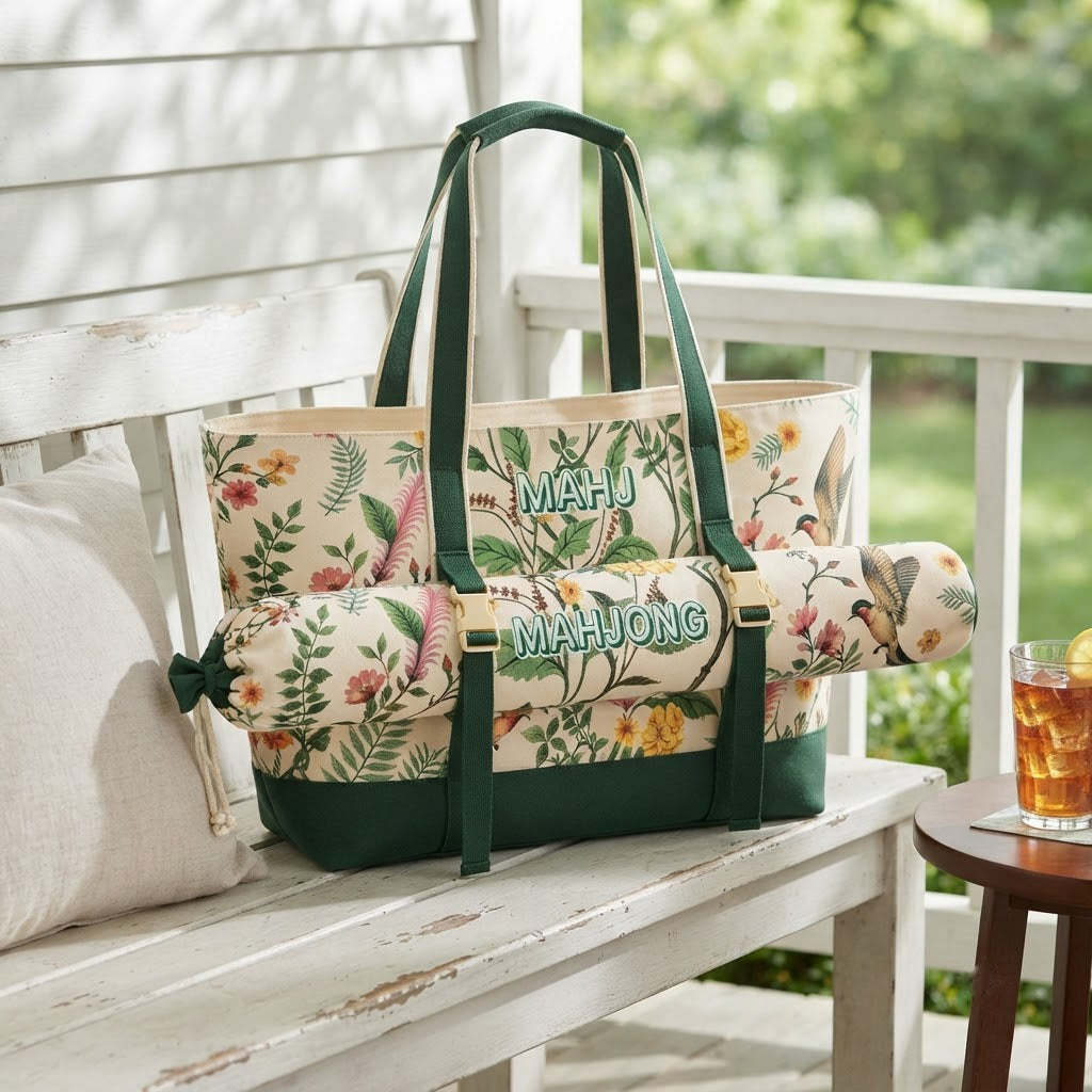 Green Garden mahjong tote on a white porch bench