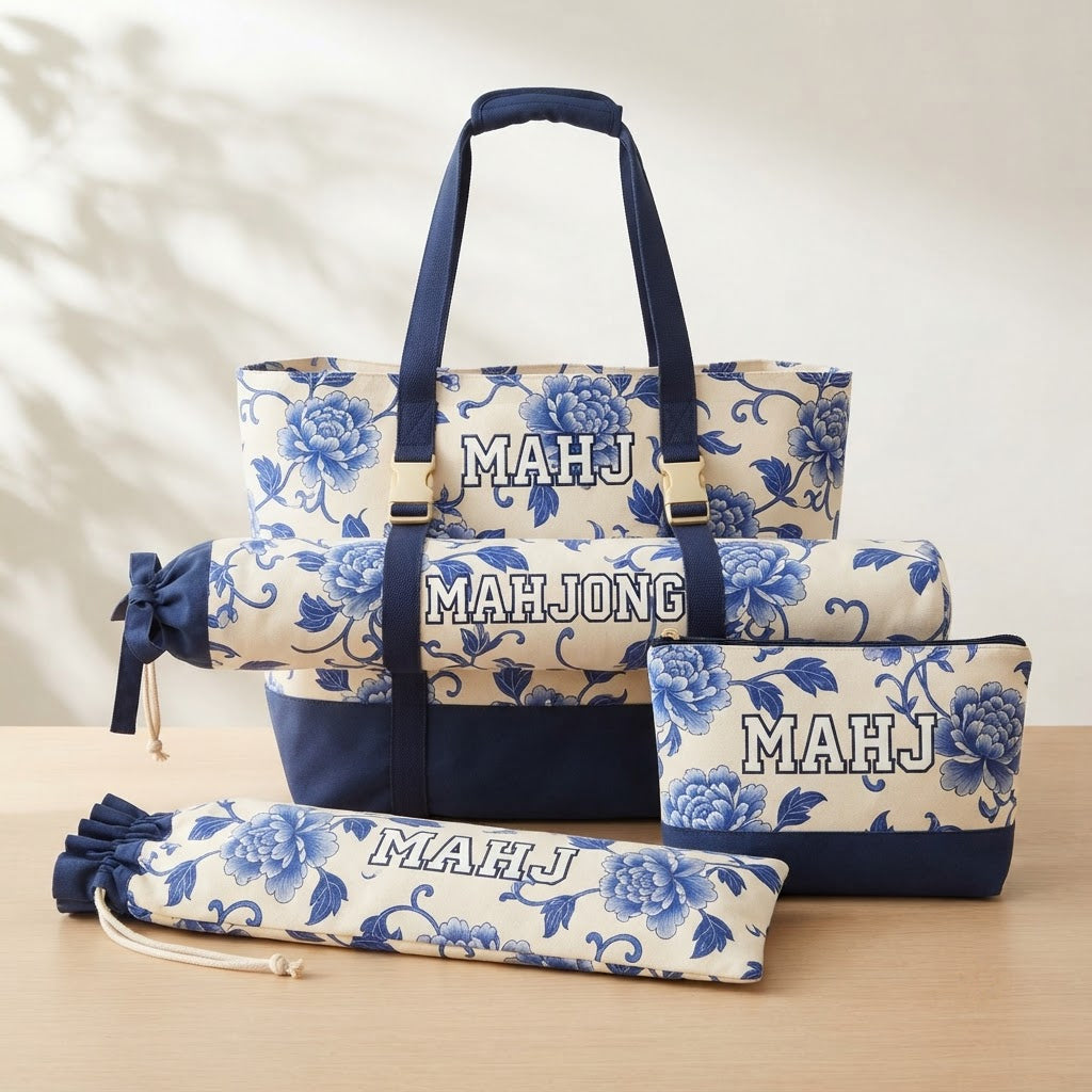 Four-piece mahjong bag set in Blue Porcelain print