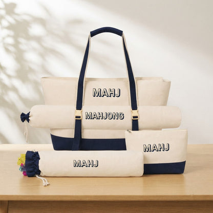 Four-piece mahjong bag set in Natural Navy canvas