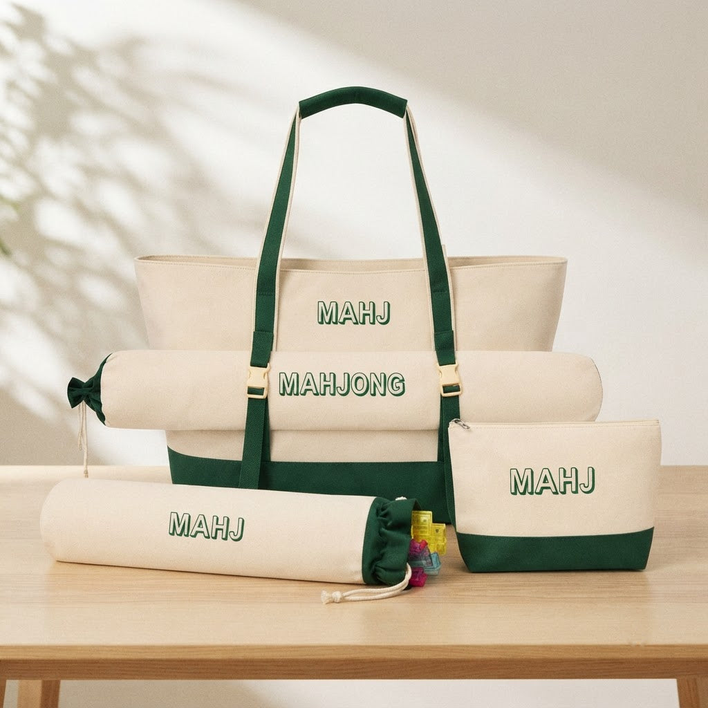 Four-piece mahjong bag set in Natural Green canvas