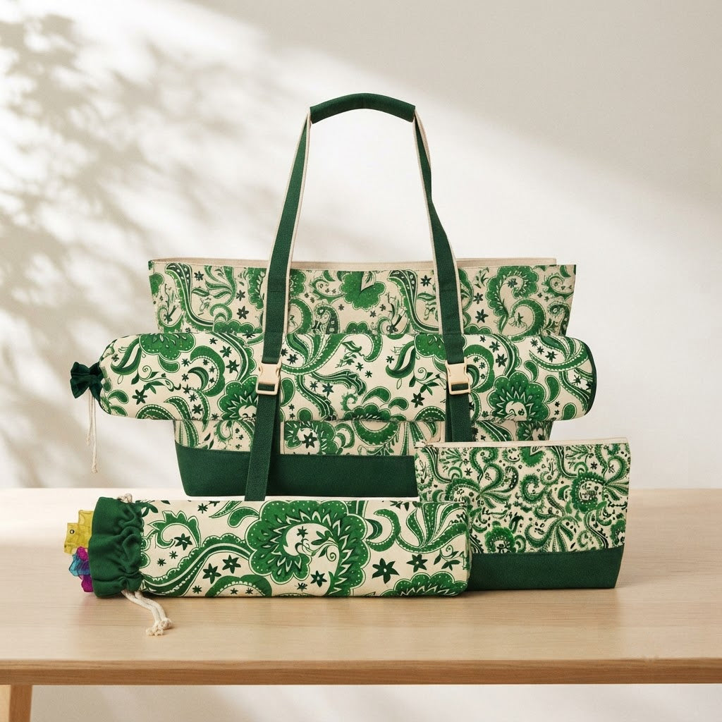 Four-piece mahjong bag set in Green Paisley print