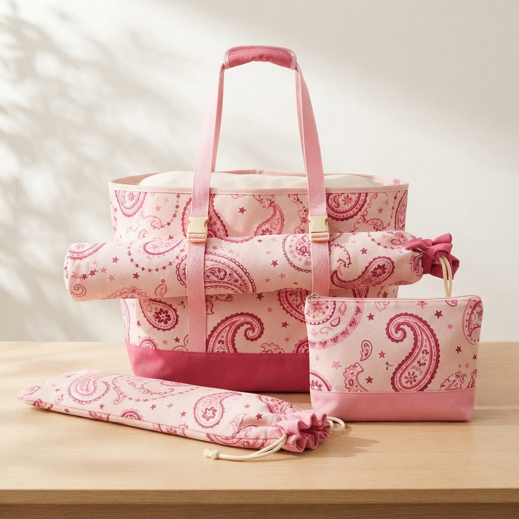 Four-piece mahjong bag set in Pink Paisley print