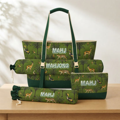 Four-piece mahjong bag set in Green Safari print