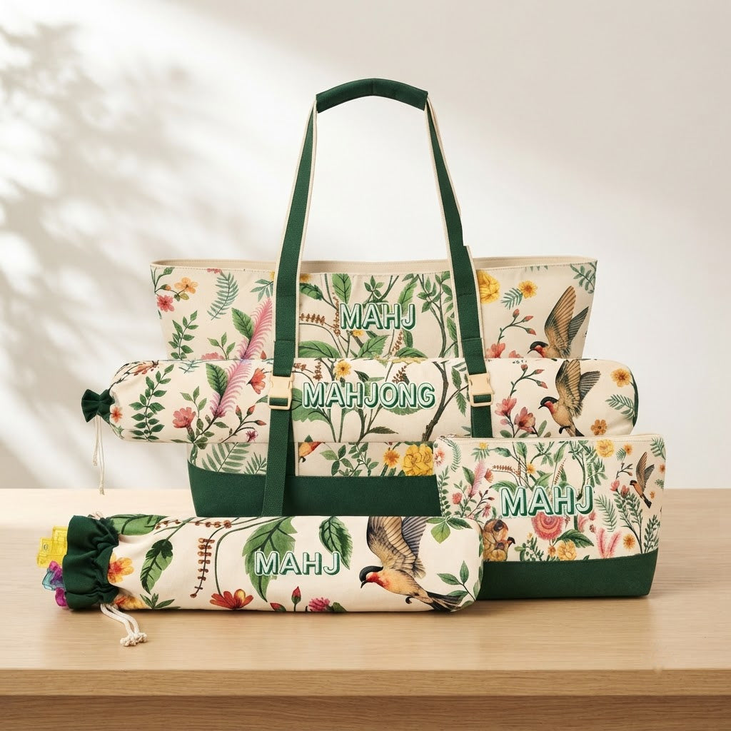Four-piece printed mahjong bag set in Green Garden print