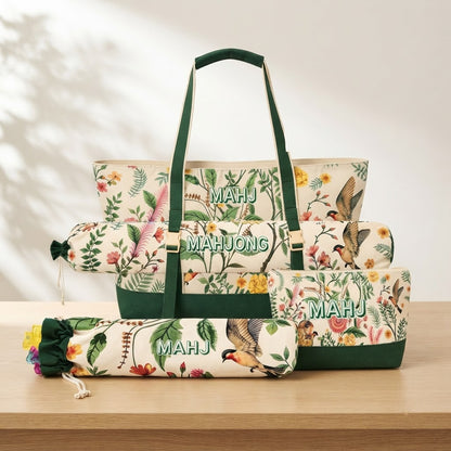 Four-piece printed mahjong bag set in Green Garden print