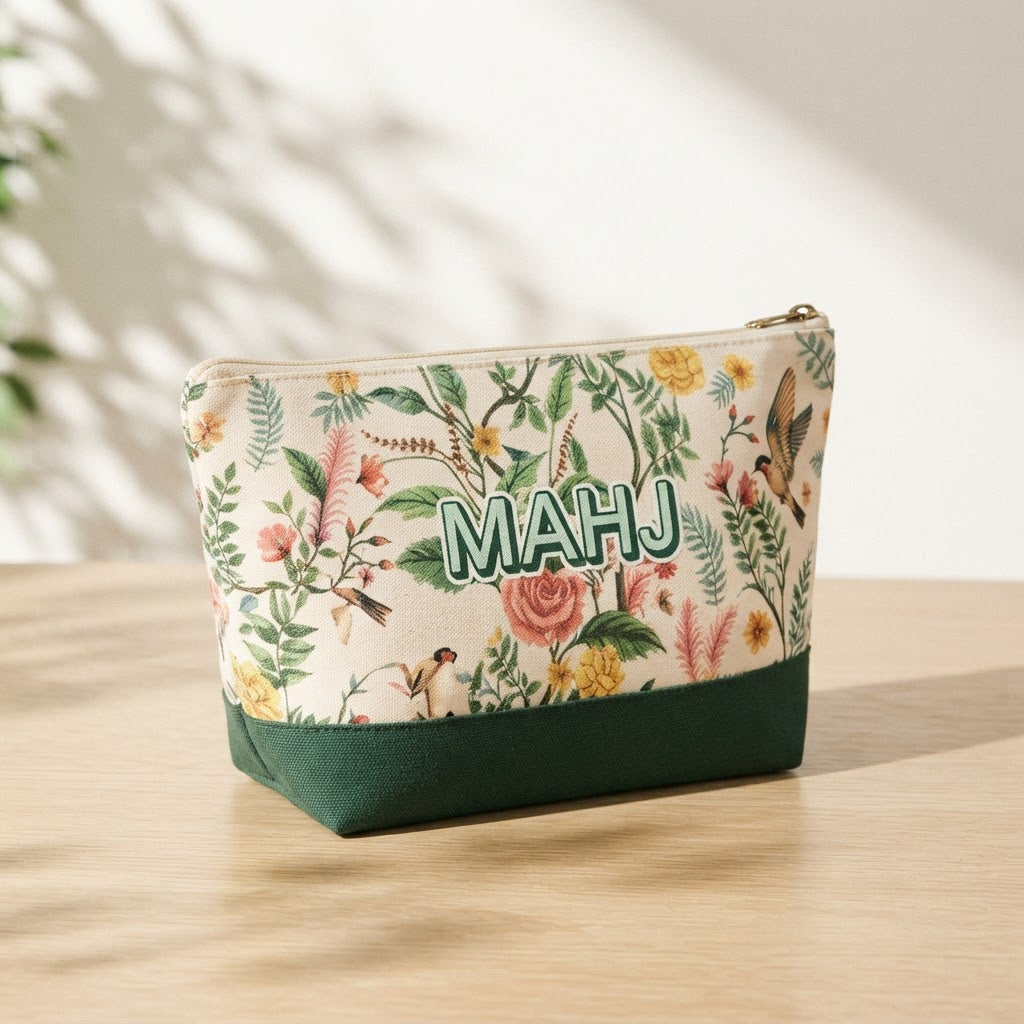 Zip tile pouch in Green Garden print lettered MAHJ