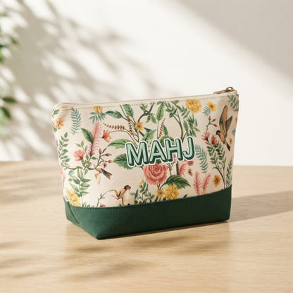 Zip tile pouch in Green Garden print lettered MAHJ