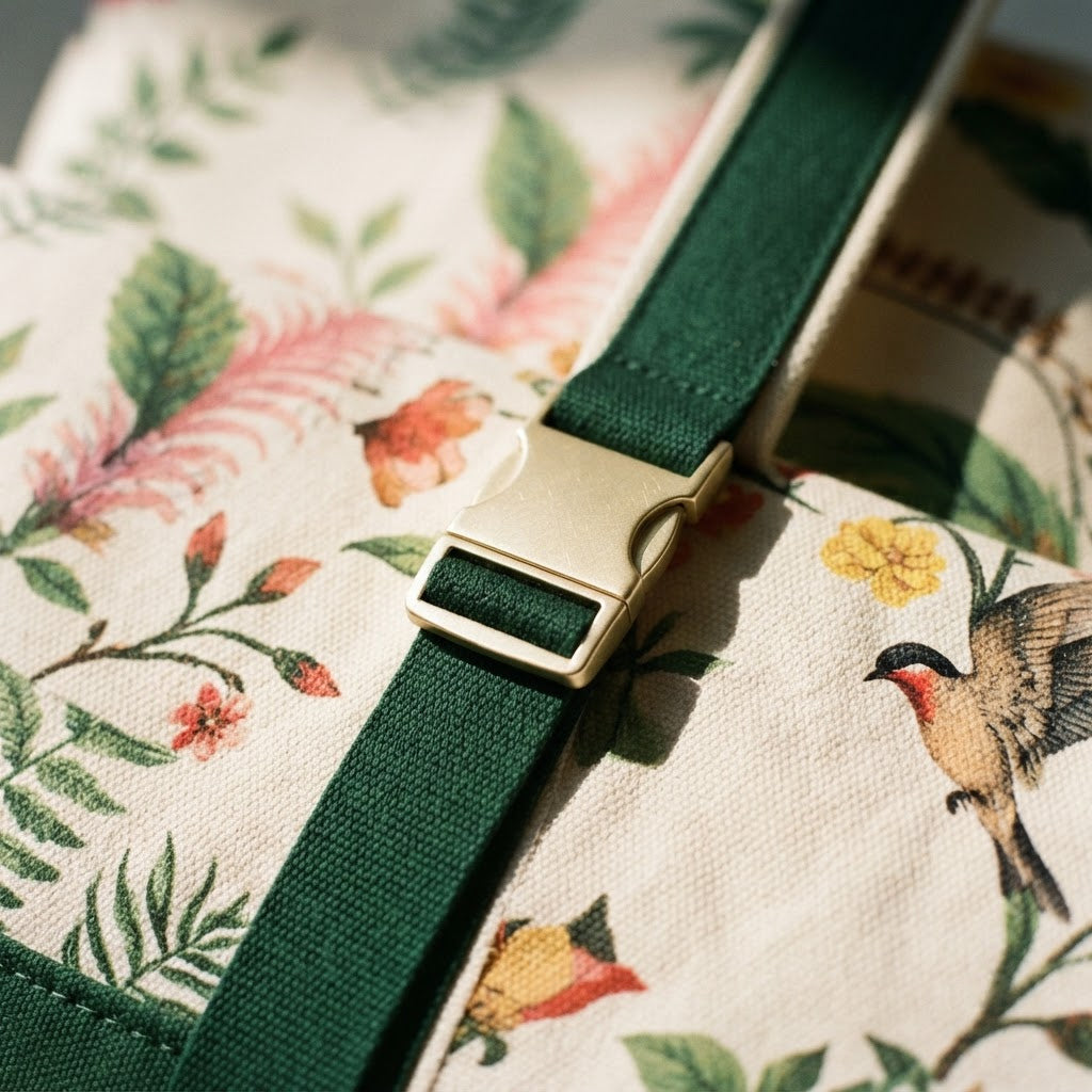 Close-up of a green strap and gold-tone buckle holding the mat bag on the tote