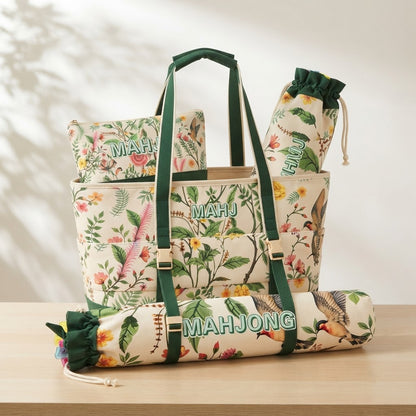 Tile pouch and rack bag packed inside the open Green Garden tote