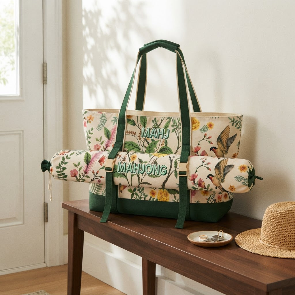 Green Garden mahjong tote with mat bag on an entry bench by the front door