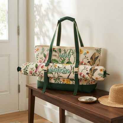 Green Garden mahjong tote with mat bag on an entry bench by the front door